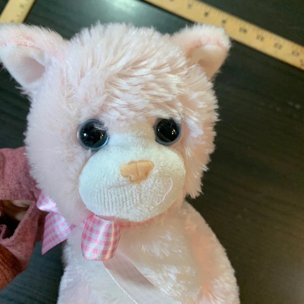 Ty Pluffies Purr-y Pink White Kitten Cat Plush Blue Eyes Gingham Bow 2009 10